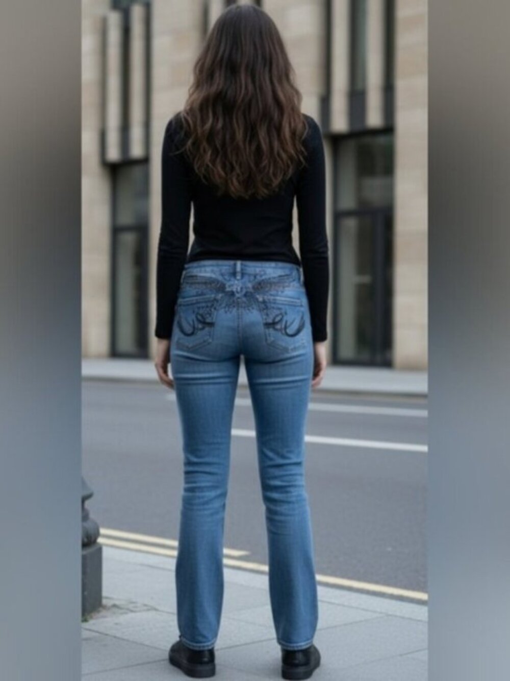 Express SZ 12L Y2k Graphic Detail Stretch Eva Bootcut Vintage Biker Blue Jeans
